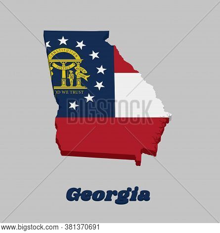3d Map Outline And Flag Of Georgia, Three Stripes Consisting Of Red White Red. A Blue Canton Contain