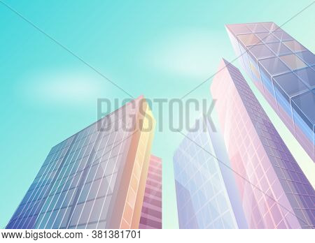Skyscraper Building In City Space In Flat Style Concept Bottom View. Modern Urban Landscape City Lif