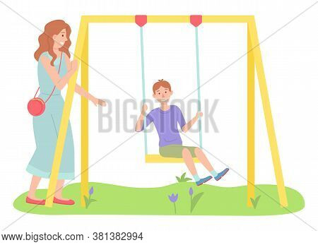 Woman Walking With Son, Boy Swinging On A Slide Swing At The Playing Field. Happy Cartoon Kid With M