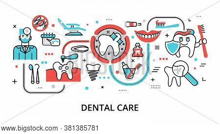 Infographic Dental Care Concept, Modern Flat Thin Line Vector Illustration, For Graphic And Web Desi