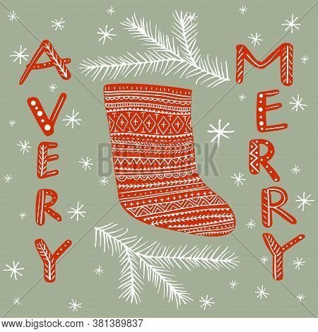 A Verry Merry, Hand Written Lettering, Doodle Element, Vector Illustration For Christmas And New Yea