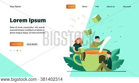 Happy People Mixing Sugar In Big Cup Of Tea. Spoon, Office, Lunch Flat Vector Illustration. Hot Beve