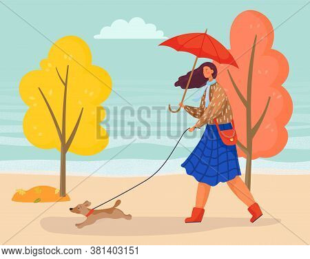 Young Lady Walk With Domestic Pet, Puppy In Autumn Park. Woman Hold Active Dog On Leash. Person Dres