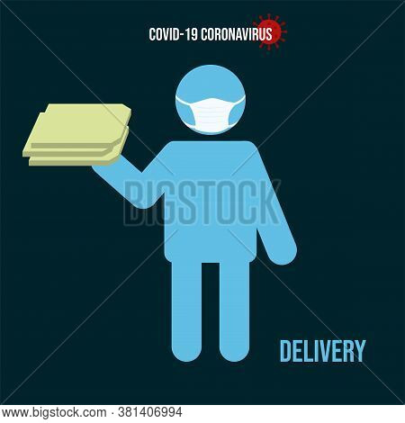 Pizza Delivery Icon. The Masked Man Is Holding Pizza Boxes In His Hands. Coronavirus.