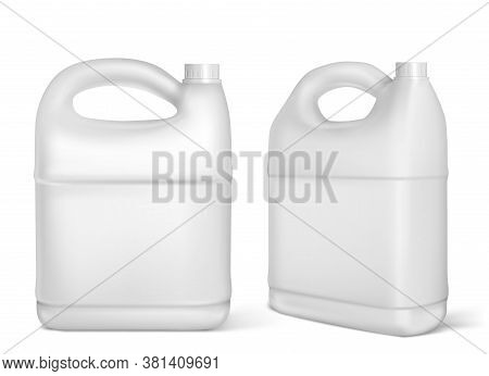 Plastic Canisters, White Jerrycan Bottles Isolated On White Background. Engine Oil, Car Lubricant Or