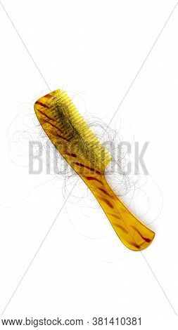 Golden Comb With Stripes And Hair Fall As Well As Dandruff. Phots Demostration Of Hair Loss While Co