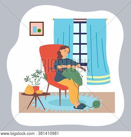 Woman Knitting Sitting At Chair Near Coffee Table With Kettle, Cup And Houseplant In Pot. Window Wit