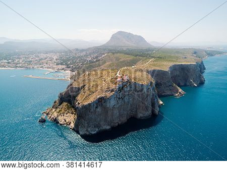 Aerial View Photography Coastal Town Of Javea With Green Rocky Mountains, Turquoise Bay Mediterranea