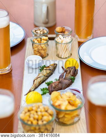 Sprat, Kilka Fish, Ketchup Sauce, Chips, Snacks Close Up