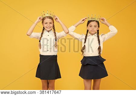 Back To School. Selfish Small Girls Dream About Future. Happy Girls In Uniform And Crown. Big Boss. 