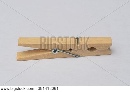 Close Clamp Wooden Clothespins On White Background Laudry