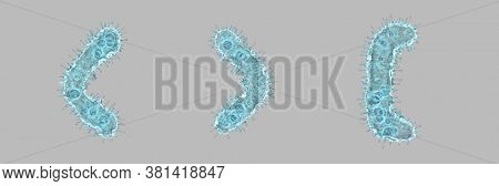 Alphabet made of virus isolated on gray background. Symbol left and right angle bracket, left square bracket. 3d rendering. Covid font 3d
