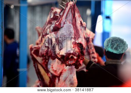 vacas del matadero colgado de un gancho de carne