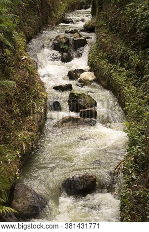 Narrow Stream Of River Water With Stones, Rapids And Steep Banks With Green Vegetation