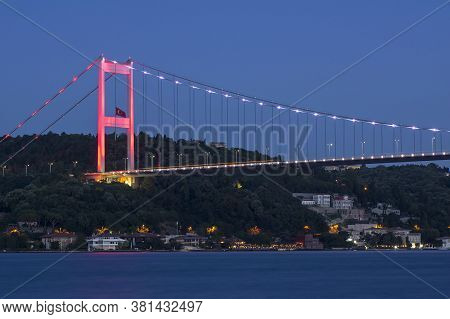 Long Exposure Shot Of Fatih Sultan Mehmet Bridge ( Fsm ) With Light Trails After Sunset Over Bosphor
