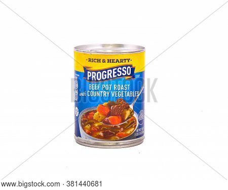 A Can Of Progresso Beef Pot Roast Soup With Country Vegetables Isolated On White For Illustrative Ed
