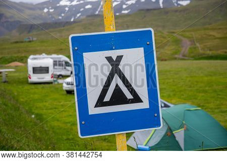 Campsite Sign At An Icelandic Countryside Town