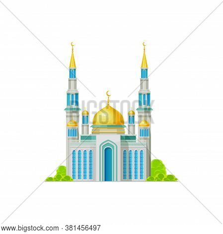 Muslim Temple With Domes And Crescent Moons On Top Isolated Islam Religion Building. Vector Minaret 