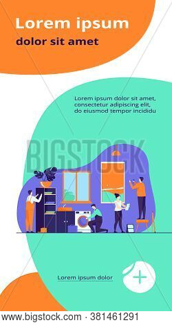 Handyman Working At Customer Home. Repair Man Fixing Washing Machine, Hammering Nails. Vector Illust