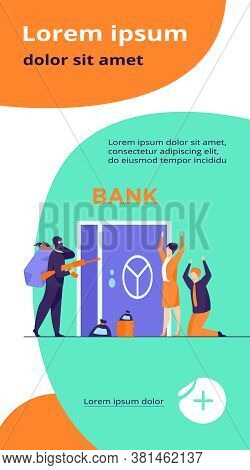 Gangsters With Gun Robbing Bank. Criminals Aiming Riffle At Workers, Taking Bags With Money. Vector 