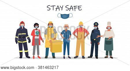 Workers Are Protecting Their Health From Virus By Wearing Masks. White Background. Social Municipal 