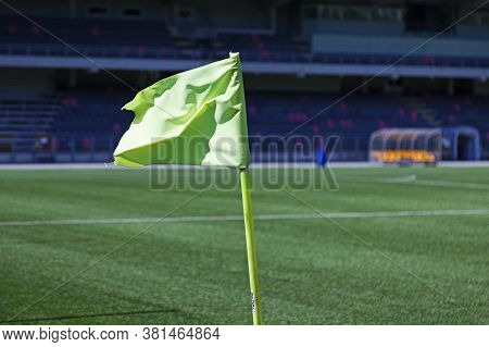 Umea, Norrland Sweden - June 20, 2020: Yellow Flag On An Empty Football Arena During Corona Times