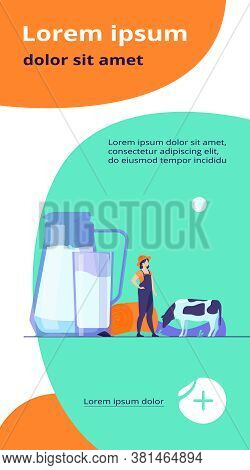Fresh Milk In Glass Jug. Cow Pasturing On Farming Field. Vector Illustration For Farm Food, Nutritio