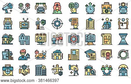 Advertising Agent Icons Set. Outline Set Of Advertising Agent Vector Icons Thin Line Color Flat On W