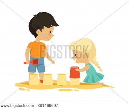 Boy Girl In Sandbox. Outdoor Activity, Isolated Cartoon Kids Playing. Happy Childhood, Kindergarten 