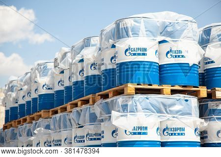 Rostov-on-don, Russia. 08.08.2020. Engine Oil In Gazprom Neft Barrels Are Stored In Several Rows In 
