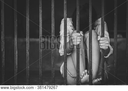 Portrait Of Woman Desperate To Catch The Iron Prison, Violence, Human Trafficking, Prison And Prison