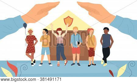 Concept Of Children S Day, Protection Of Kids, Health Insurance And Childhood. Group Of Happy Kids O