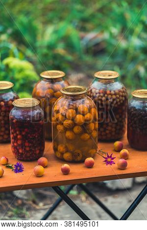 Jars With Kompot On Table. Sealed Glass Jars With Kompot Placed On Table Near Flowers And Fruits On 