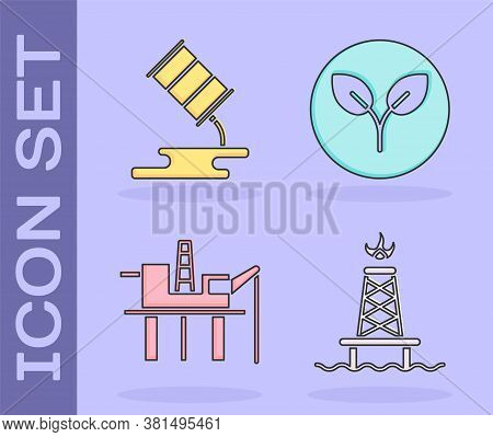 Set Oil Rig With Fire, Barrel Oil Leak, Oil Platform In The Sea And Bio Fuel Icon. Vector