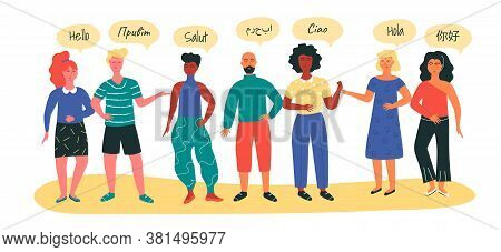 Multinational Groop Of People Welcome In Different Languages As A Concept Of Learning Languages On S
