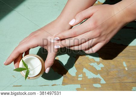 Cannabis Cream With Marijuana Leaf In Hands. Concept Of Herbal Alternative Medicine, Cbd Oil, Pharma