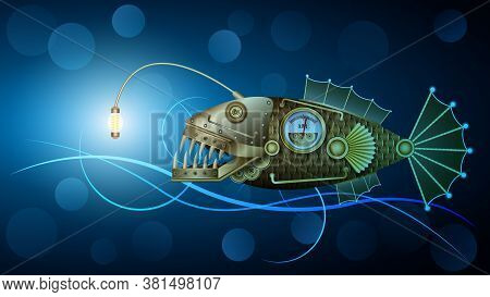 Mechanical Golden Metal Fish Under Water, Steampunk.