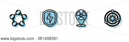 Set Line Radioactive In Location, Molecule, Secure Shield With Lightning And Solar System Icon. Vect