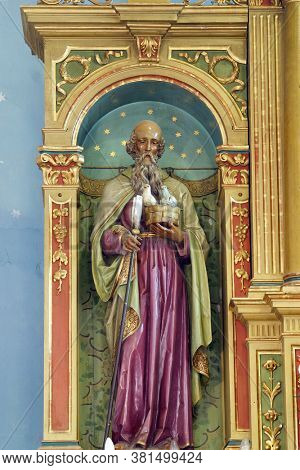 PESCENICA, CROATIA - SEPTEMBER 07, 2013: St. Joachim, statue on the high altar in the parish church of the Assumption of the Virgin Mary in Pescenica, Croatia