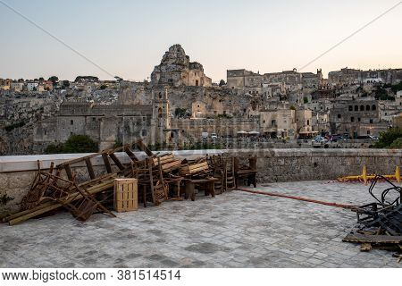 Matera, Italy - September 17, 2019: Bond 25, Scenography Elements Used For Explosion And Fire Scenes