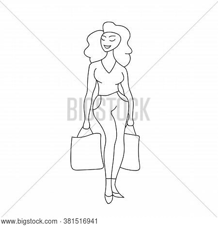 The Woman Does Purchases. Girl And Shopping On Site. Black And White Illustration