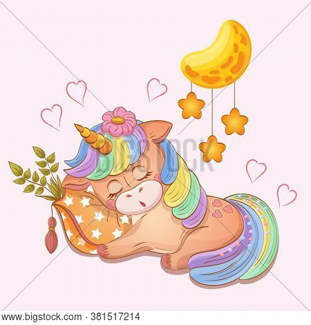 Sleeping Baby Girl Unicorn. Hand Drawn Vector Illustration In Cartoon Style. Pastel Drawing Of Cute 