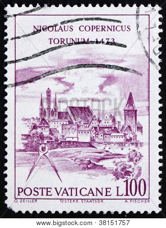 Francobollo Vaticano 1973 vista di Torun, Nicolaus Copernicus