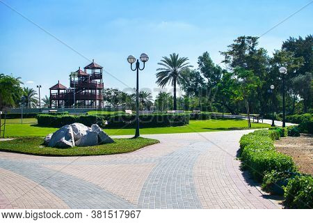 Dubai, United Arab Emirates January 16, 2020: Beautiful View Of Al Mamzar Beach Dubai, Leisure Park.