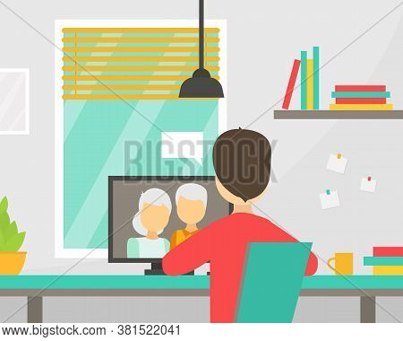 Grandparents Calling Son From Laptop, Remote Communication With Relatives. Person Sitting In Front O
