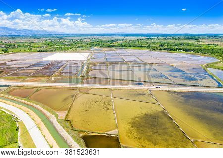 Aerial View Of Salt Producing Fields Near The Town Nin In Dalmatia, Croatia, Amazing Adriatic Landsc