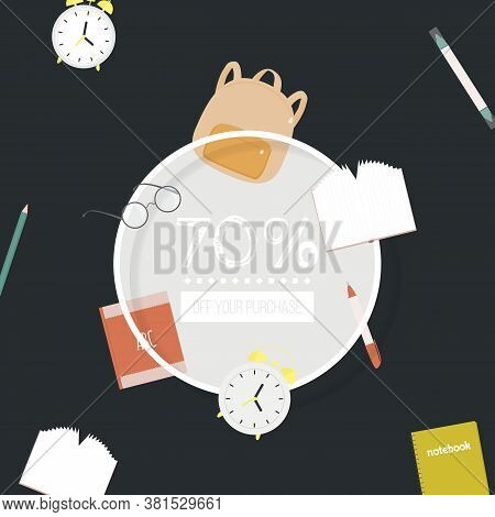 Vector Illustration With School Knapsack, Book, Pencils, Eyeglasses, Alarm Clock And Place For Text.
