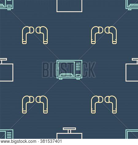 Set Line Computer Monitor Screen, Air Headphones And Microwave Oven On Seamless Pattern. Vector