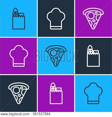 Set Line Shopping Bag And Food, Slice Of Pizza And Chef Hat Icon. Vector