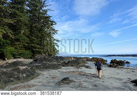 A Female Hiker Exploring The Sandy Beaches Of Nels Bight And Experimental Bight, Surrounded By Fores